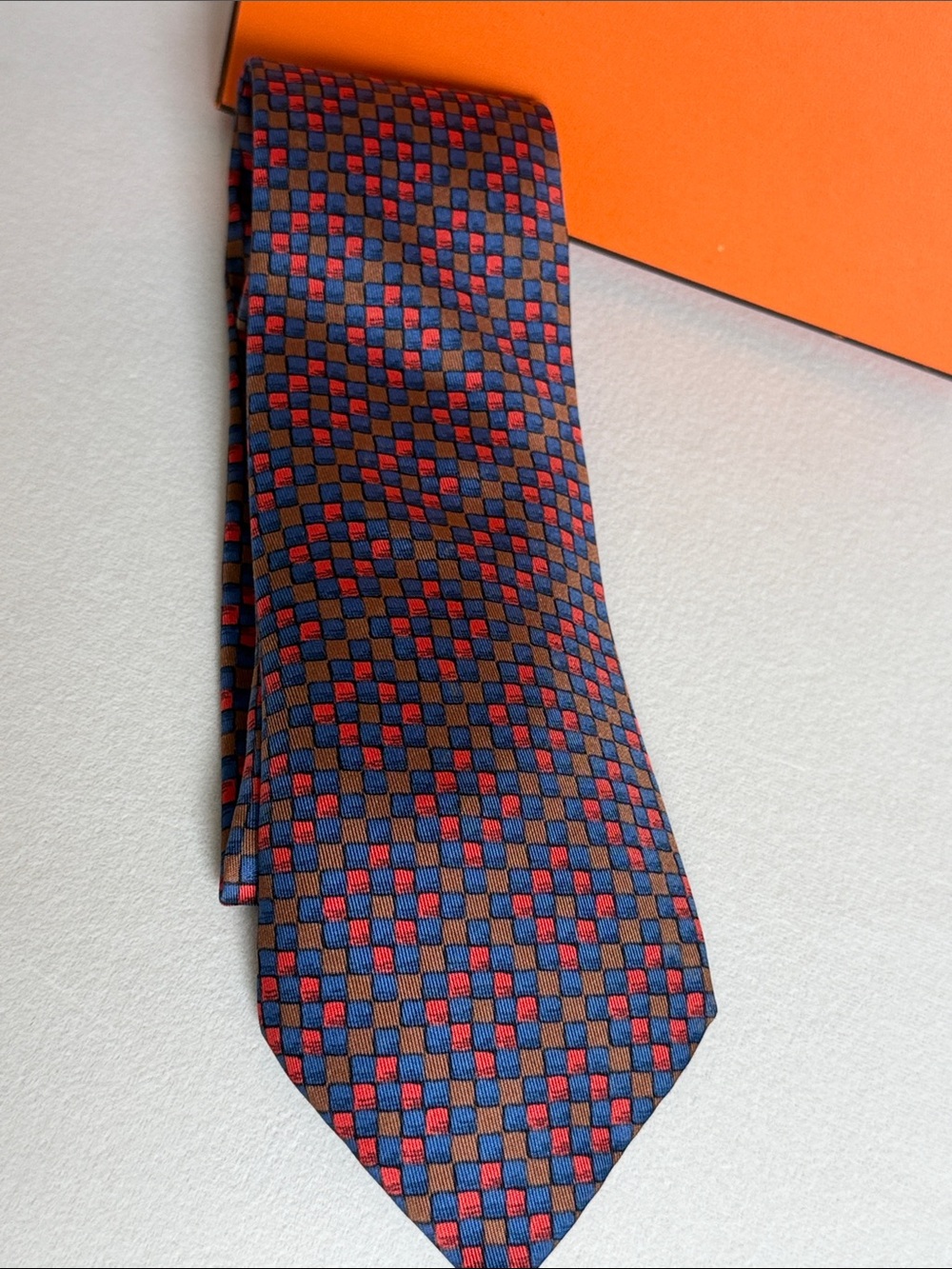 Hermès Paris Silk Tie Blue Red Geometric Check Pattern Luxury Made in France Box - Picture 5 of 6